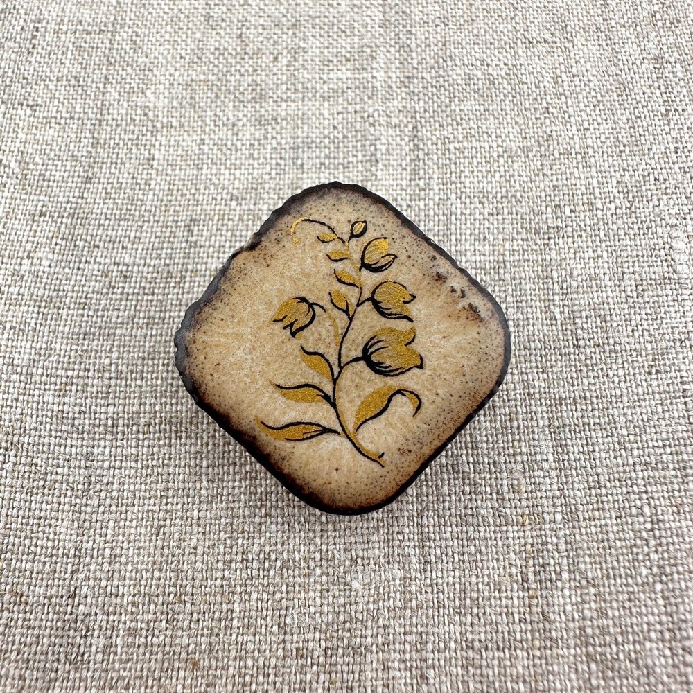 Ceramic Small Brooch Hand-Painted Bell Flowers in Gold and Black Glazed VTG Tan